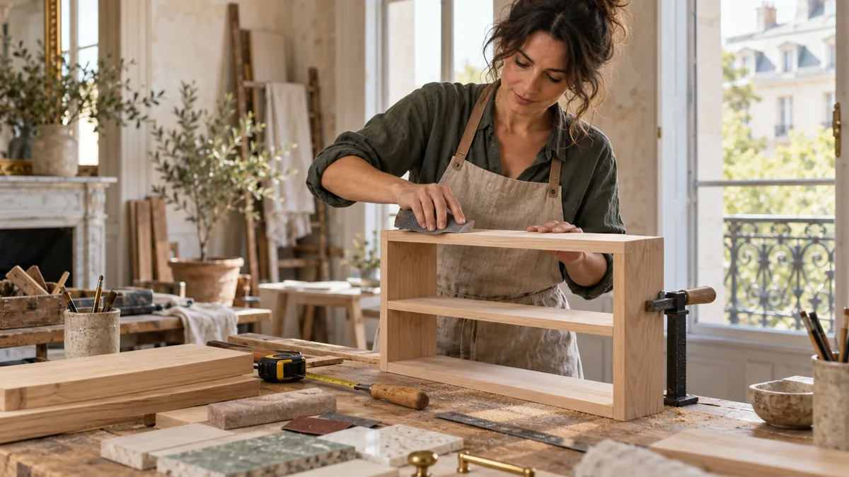 Atelier de menuiserie avec établi, outils à main et bois, illustrant un cours pratique.