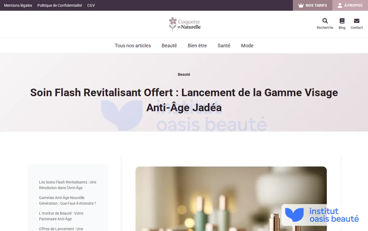 Capture : Soin Flash Revitalisant Offert : Lancement de la Gamme Visage Anti-Âge Jadéa | coquetteetnaturelle.com